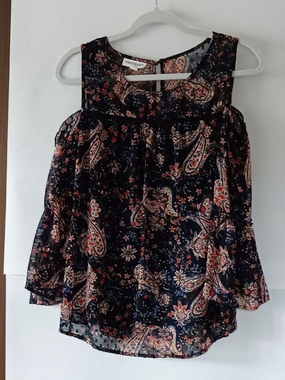 WESTPORT Navy Paisley Floral Cutout Blouse Size S ($14)